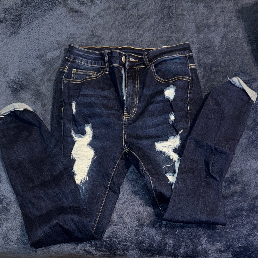 SHEIN Dark Blue Distressed Skinny Jeans
